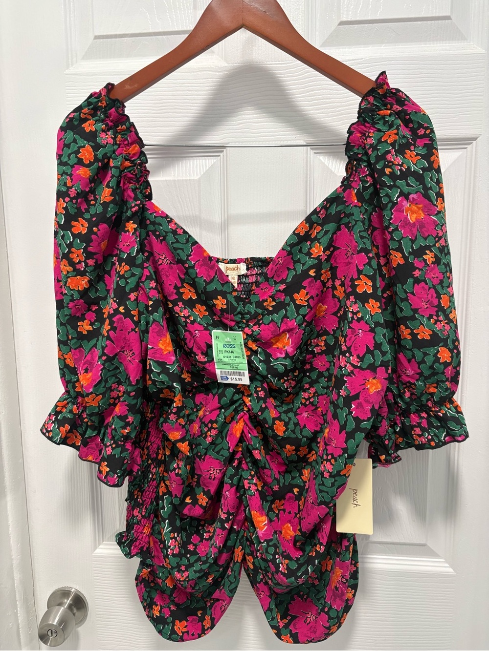 Floral Puff-Sleeve Blouse in Black, Magenta, Orange & Green